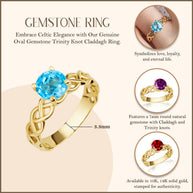 Gold Genuine Round Gemstone Trinity Knot Claddagh Ring (Available in Yellow/Rose/White Gold)