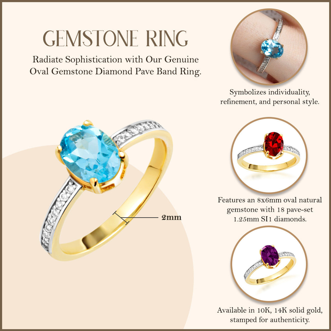 Gold Genuine Oval Gemstone Diamond Pave Band Ring (Available in Yellow/Rose/White Gold)