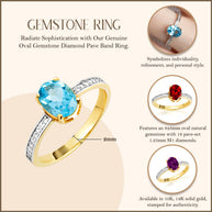 Gold Genuine Oval Gemstone Diamond Pave Band Ring (Available in Yellow/Rose/White Gold)