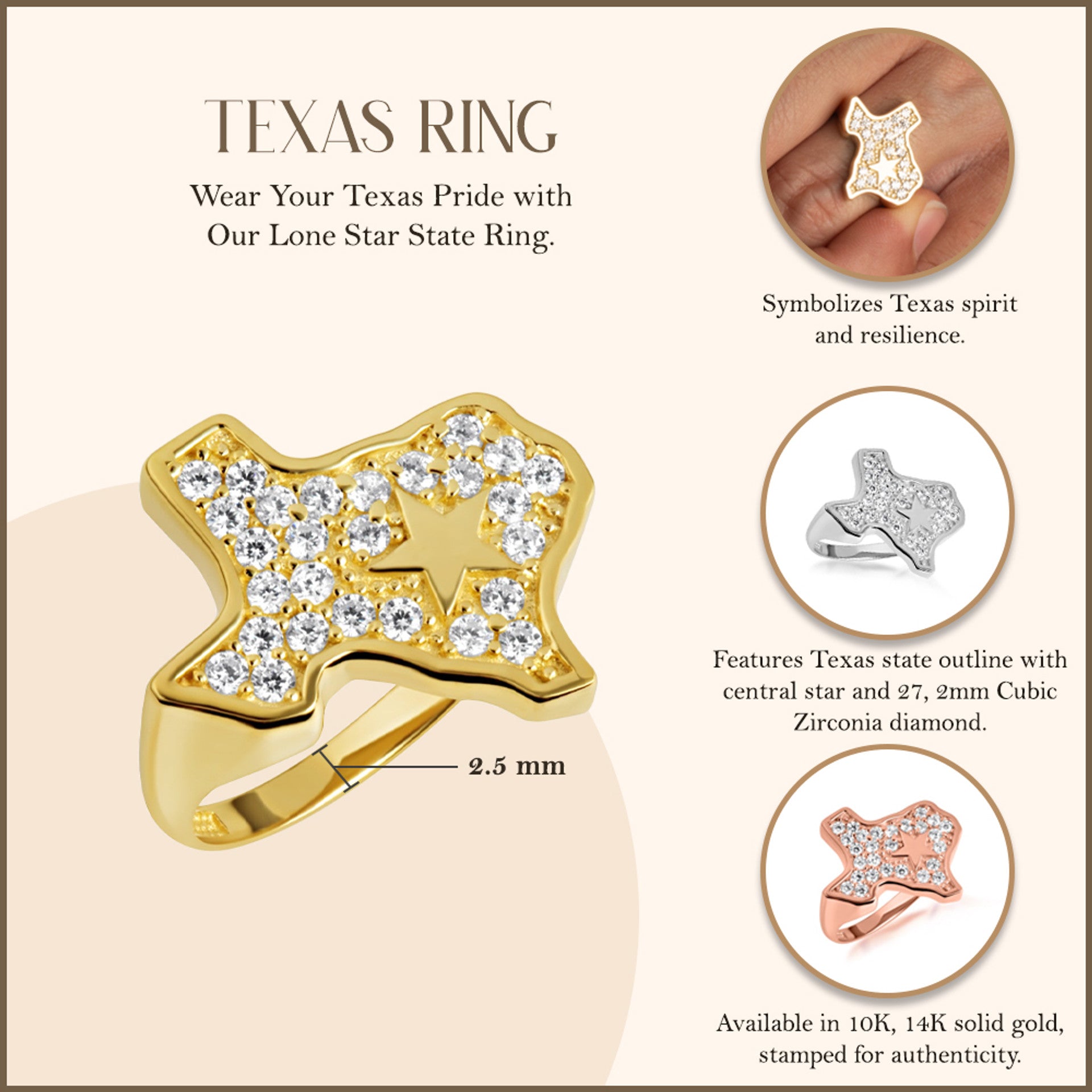 Gold Texas Lone Star State Map Cubic Zirconia Ring (Available in Yellow/Rose/White Gold)