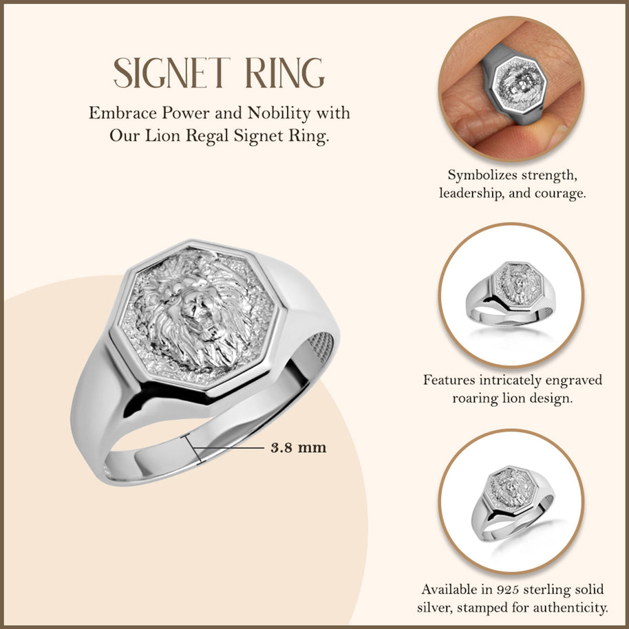 .925 Sterling Silver Roaring Lion Regal Signet Ring