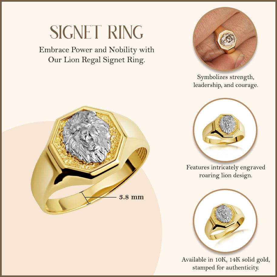 Two-Tone Gold Lion Head Signet Ring