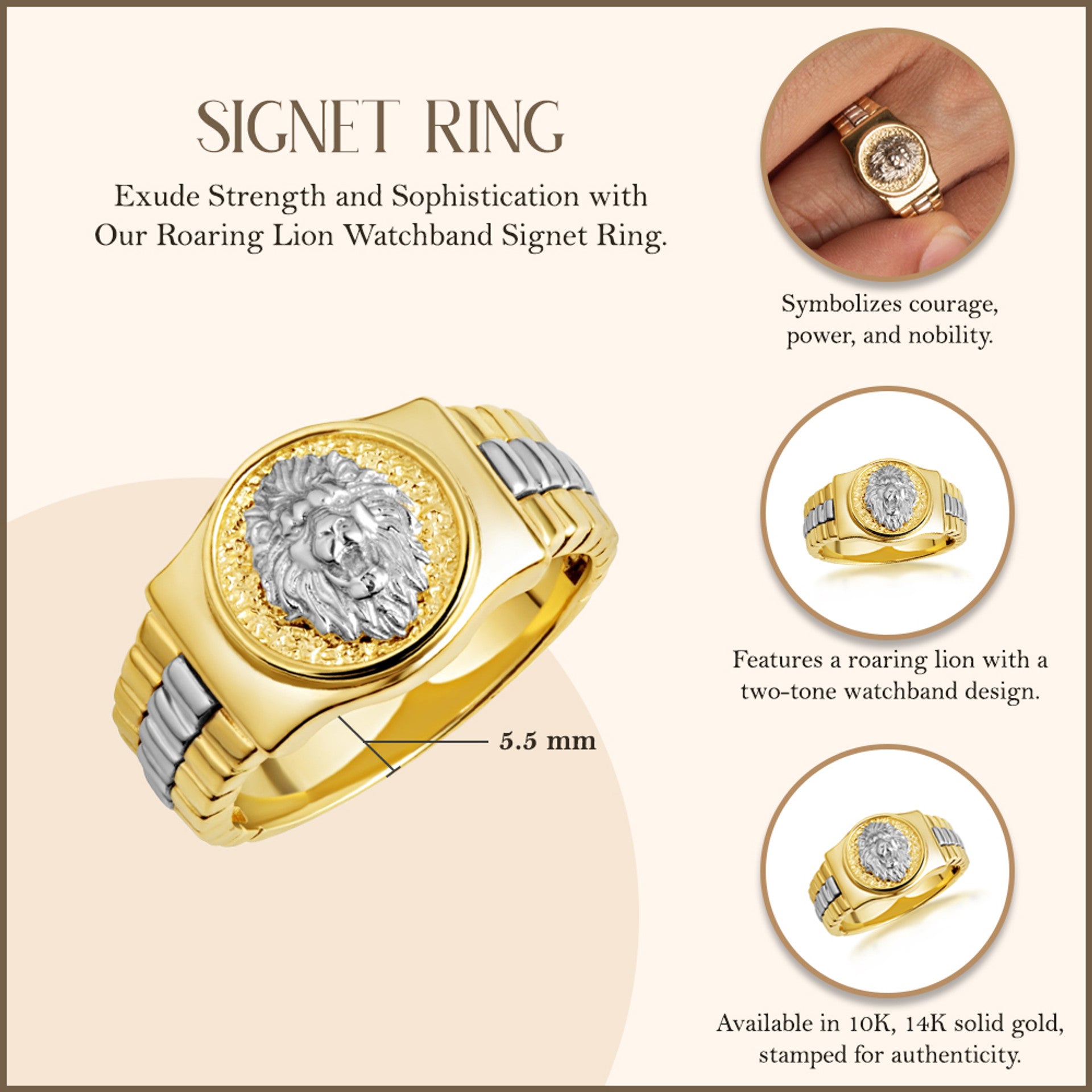 Two-Tone Gold Lion Head Watchband Signet Ring