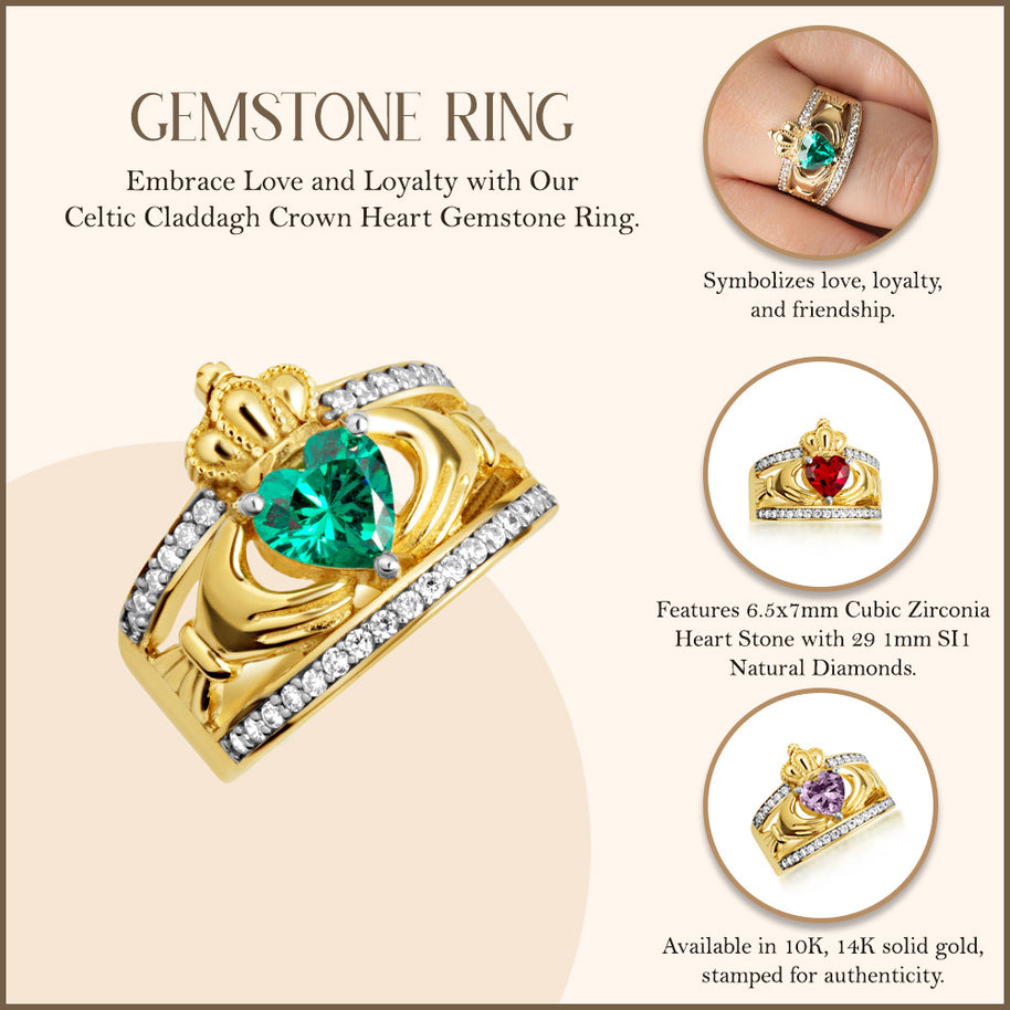 Yellow Gold Diamond Irish Celtic Claddagh Crown Heart Birthstone Ring