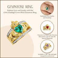 Yellow Gold Diamond Irish Celtic Claddagh Crown Heart Birthstone Ring