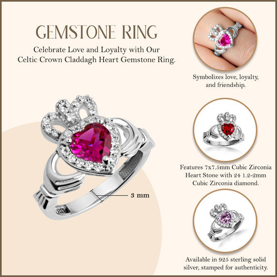 .925 Sterling Silver Studded Irish Celtic Claddagh Crown Heart Birthstone Ring