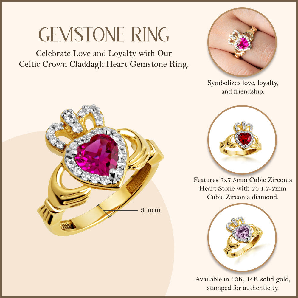 Yellow Gold Studded Irish Celtic Claddagh Crown Heart Birthstone Ring
