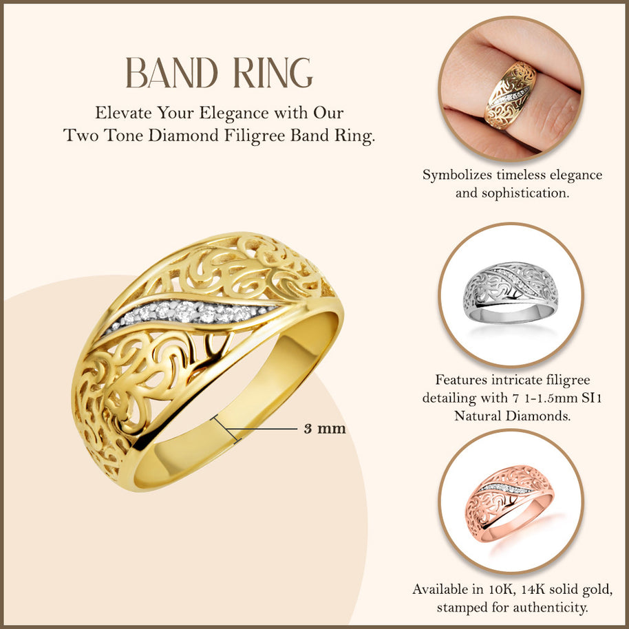 Two-Tone Gold Diamond Filigree Band Ring (Available in Yellow/Rose/White Gold)