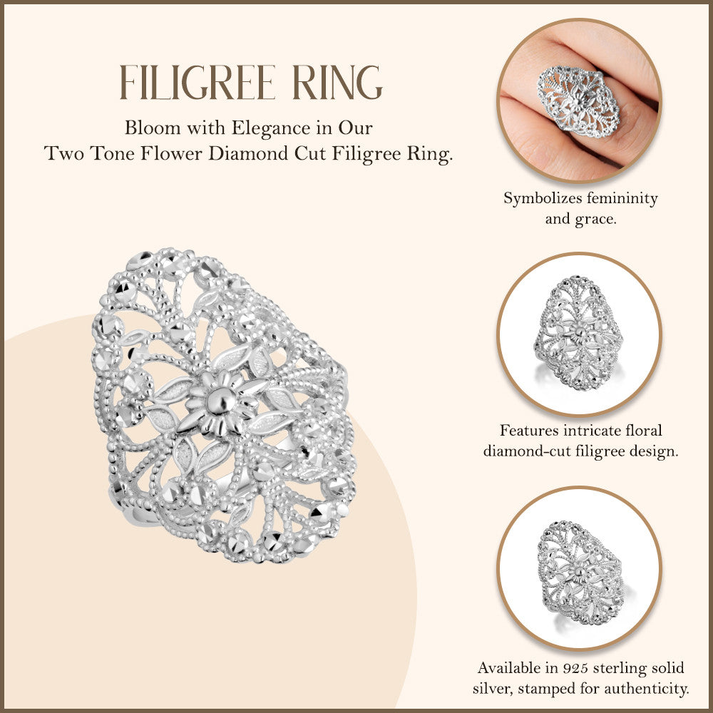 .925 Sterling Silver Diamond Cut Flower Filigree Ring