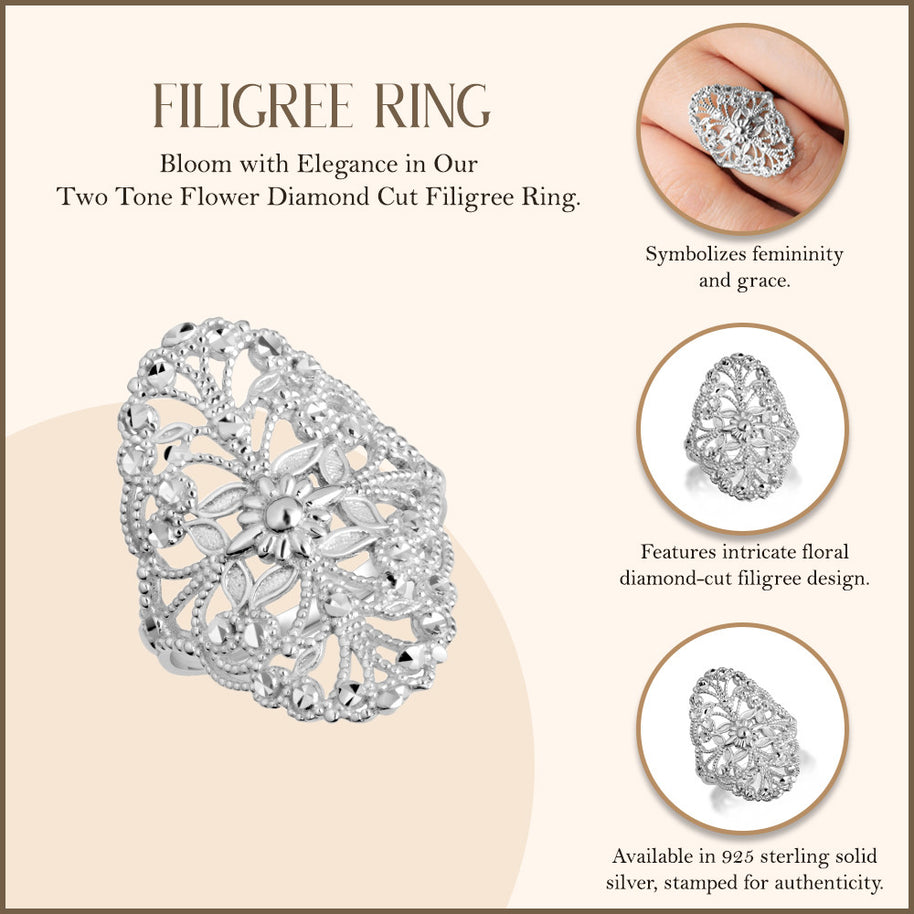 .925 Sterling Silver Diamond Cut Flower Filigree Ring