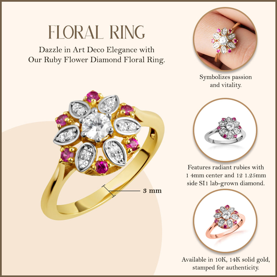 Two-Tone Gold Diamond Flower Ruby Gemstone Ring (Available in Yellow/Rose/White Gold)