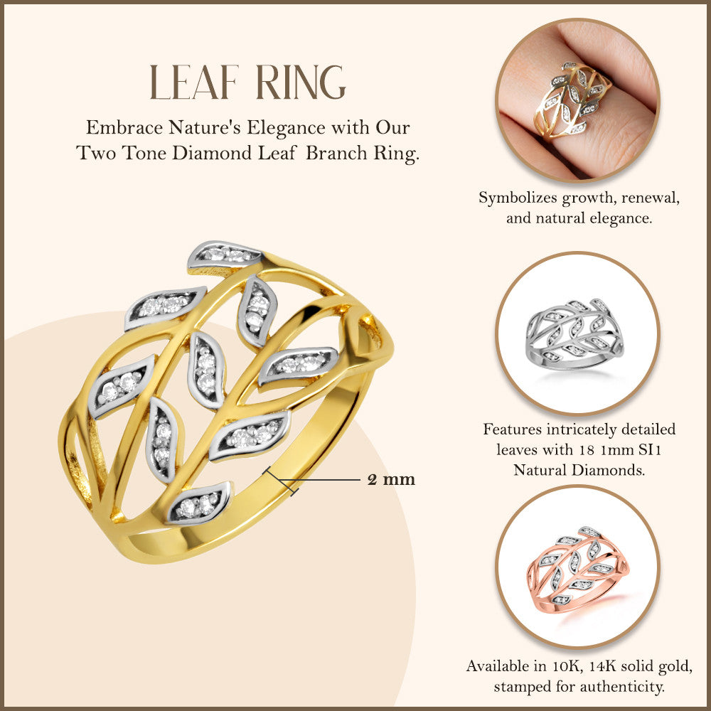 Two-Tone Gold Diamond Branch Twig Leaves Band Ring (Available in Yellow/Rose/White Gold)