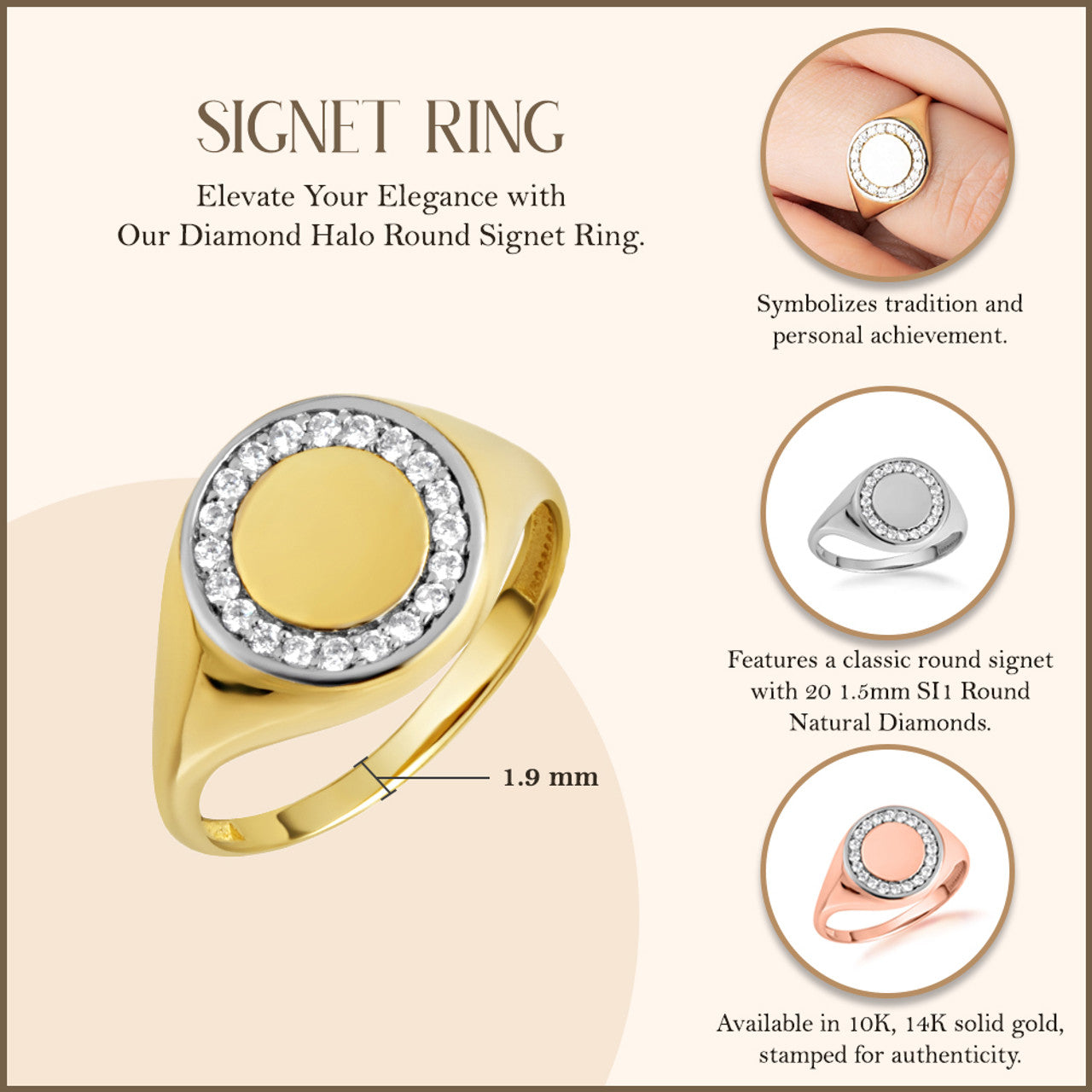 Gold Engravable Diamond Halo Signet Ring (Available in Yellow/Rose/White Gold)