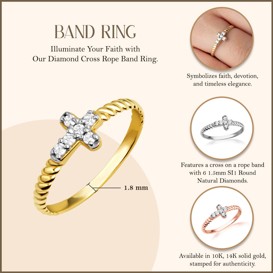 Gold Diamond Cross Rope Band Ring (Available in Yellow/Rose/White Gold)