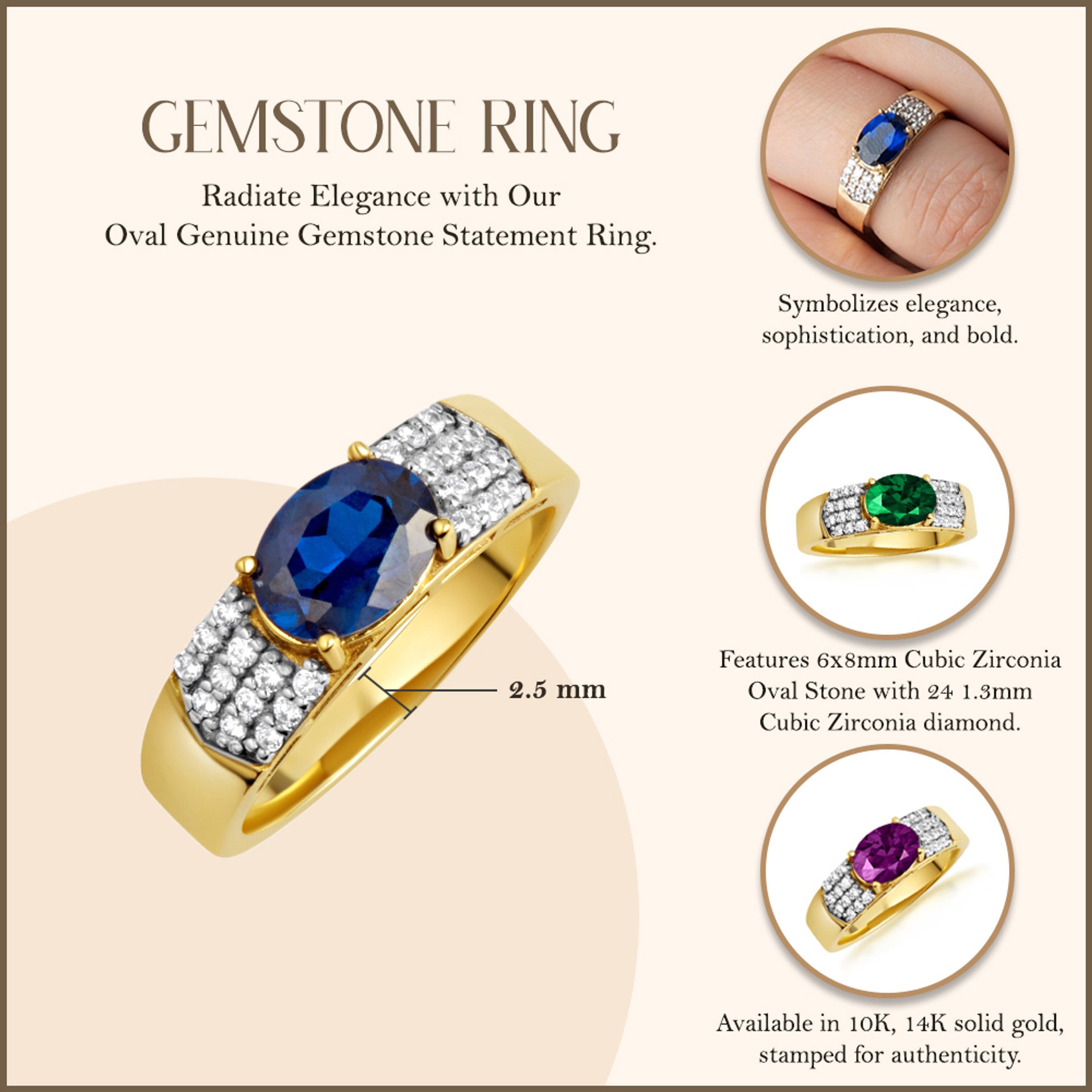 Yellow Gold Oval Birthstone Cubic Zirconia Band Ring