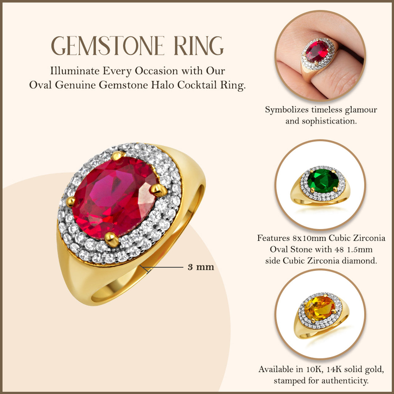 Yellow Gold Oval Birthstone Cubic Zirconia Halo Ring