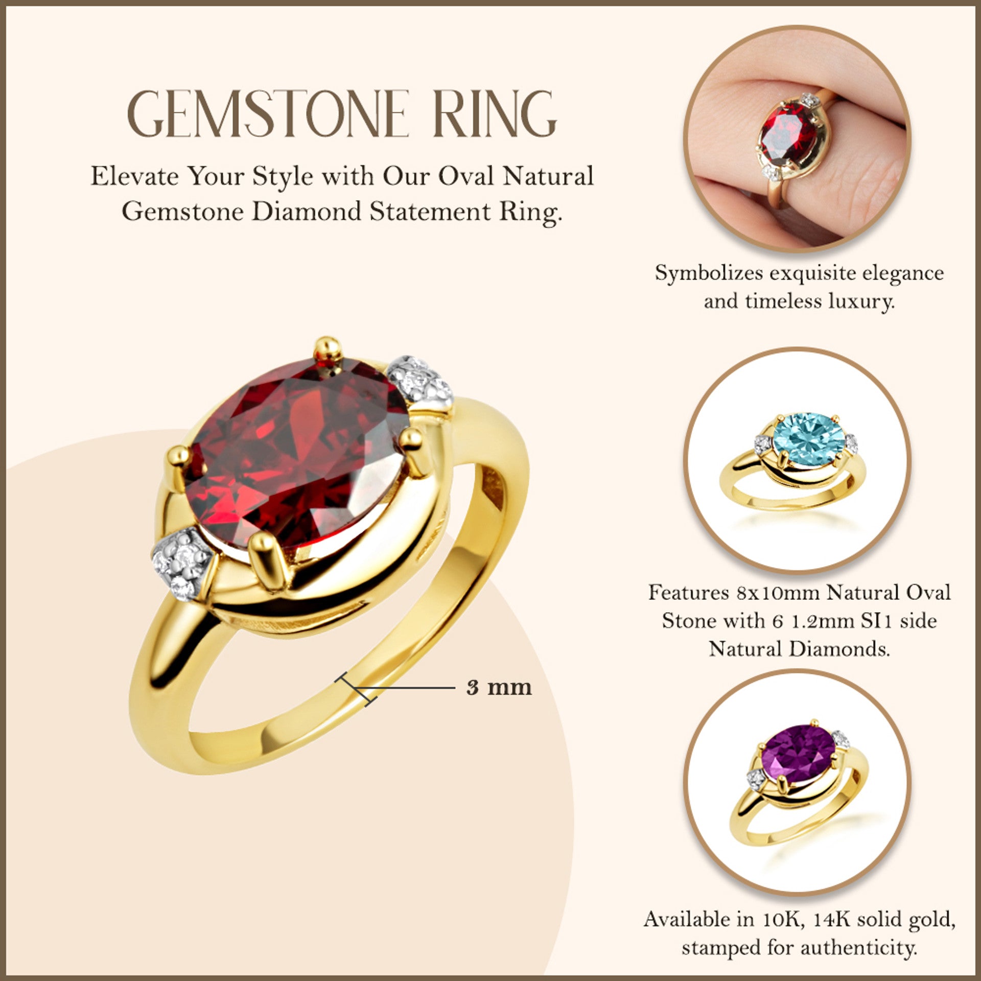 Yellow Gold Oval Gemstone Diamond Statement Ring