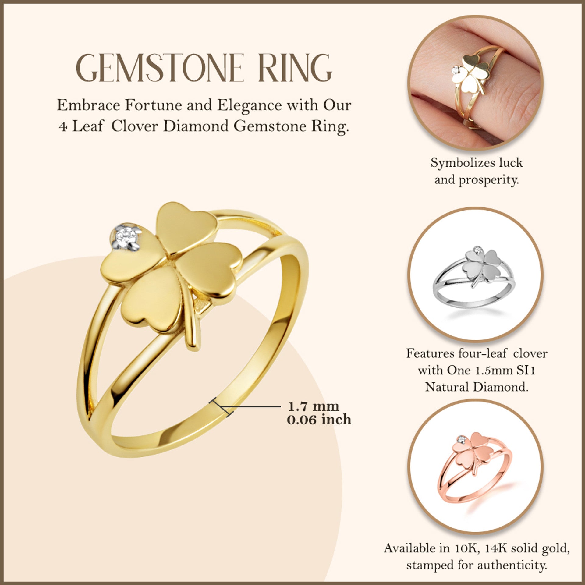 Gold Diamond Lucky 4 Leaf Clover Heart Ring (Available in Yellow/Rose/White Gold)