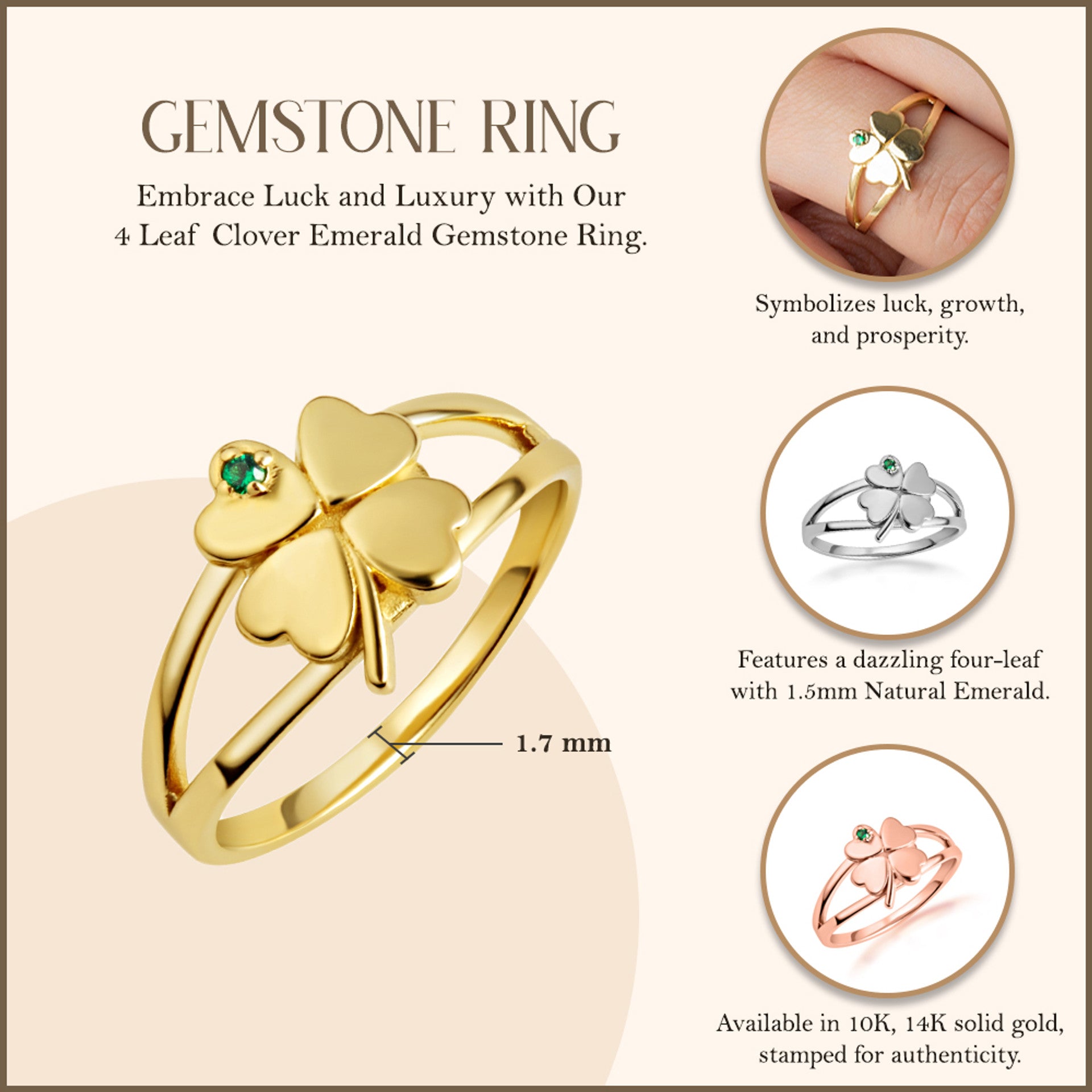 Gold Lucky 4 Leaf Clover Heart Genuine Emerald Gemstone Ring (Available in Yellow/Rose/White Gold)
