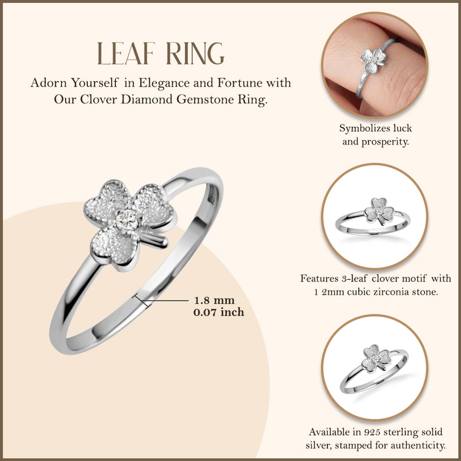.925 Sterling Silver Cubic Zirconia Lucky 3 Leaf Clover Heart Ring
