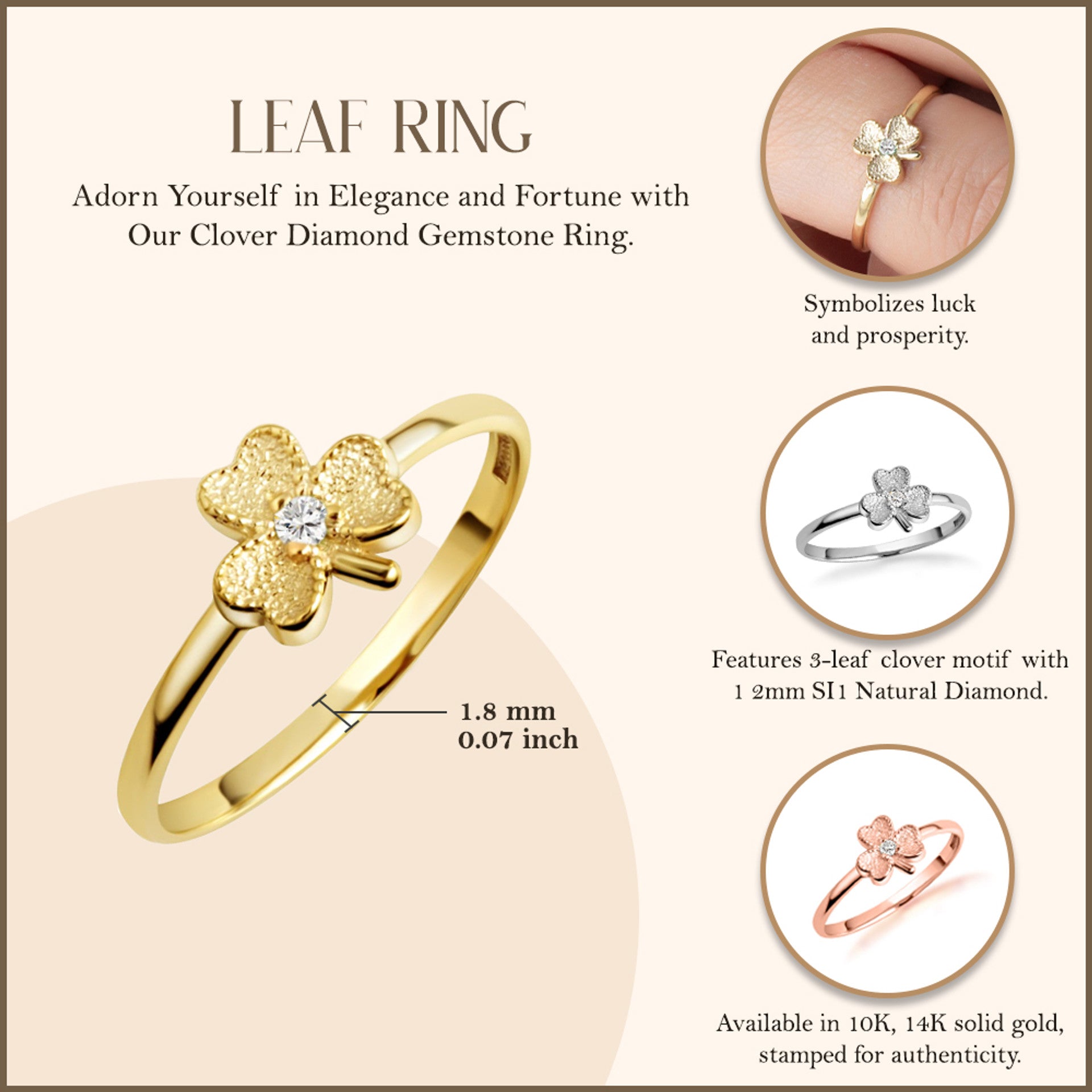 Gold Diamond Lucky 3 Leaf Clover Heart Ring (Available in Yellow/Rose/White Gold)