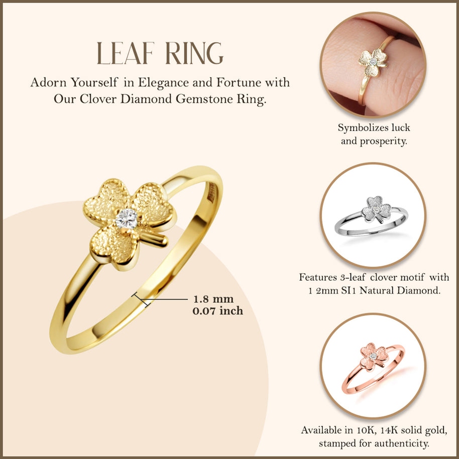 Gold Diamond Lucky 3 Leaf Clover Heart Ring (Available in Yellow/Rose/White Gold)