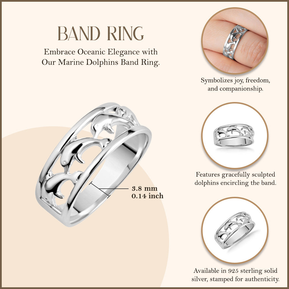 .925 Sterling Silver Marine Dolphins Band Ring