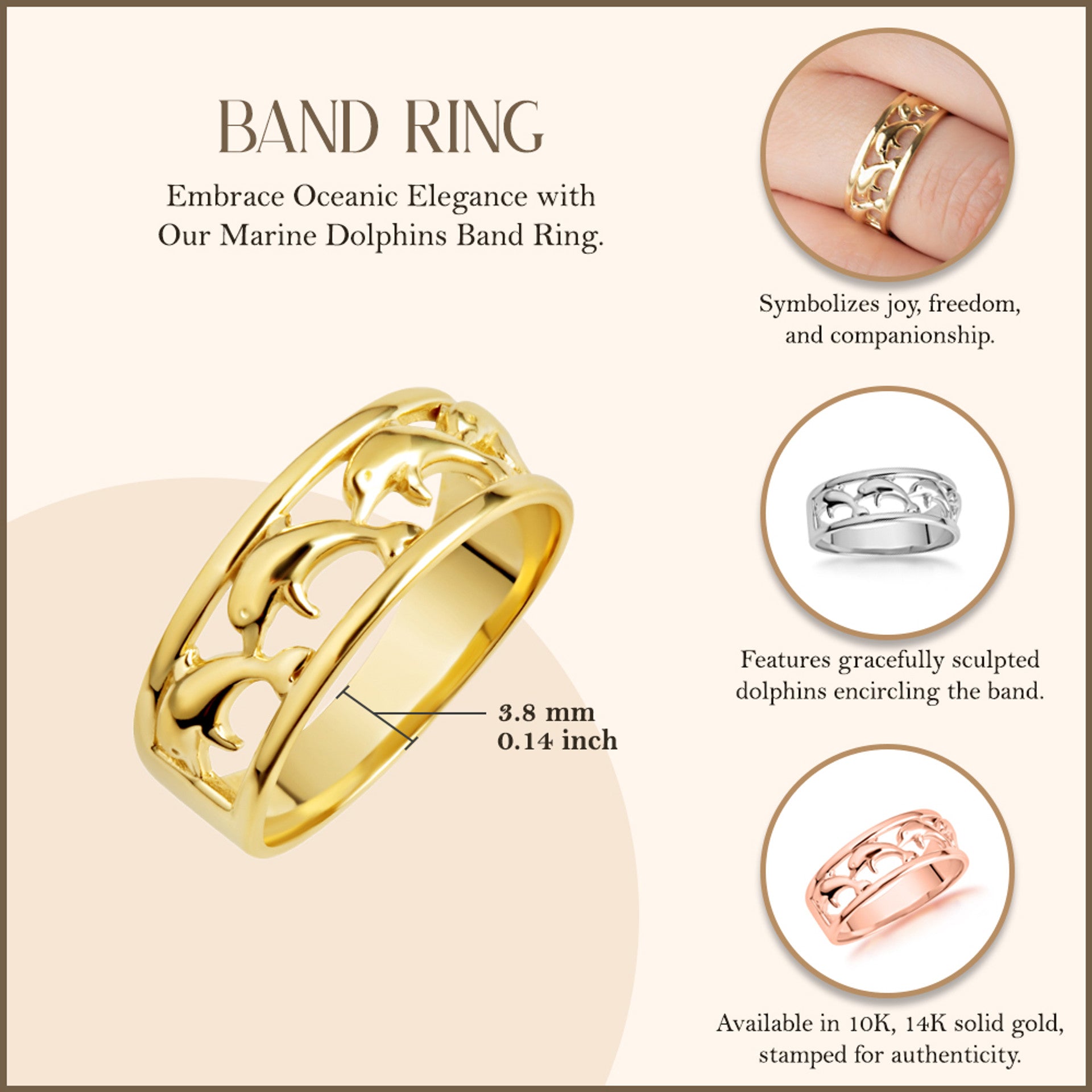 Gold Marine Dolphins Band Ring (Available in Yellow/Rose/White Gold)