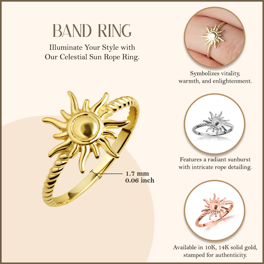 Gold Celestial Sun Rope Ring (Available in Yellow/Rose/White Gold)
