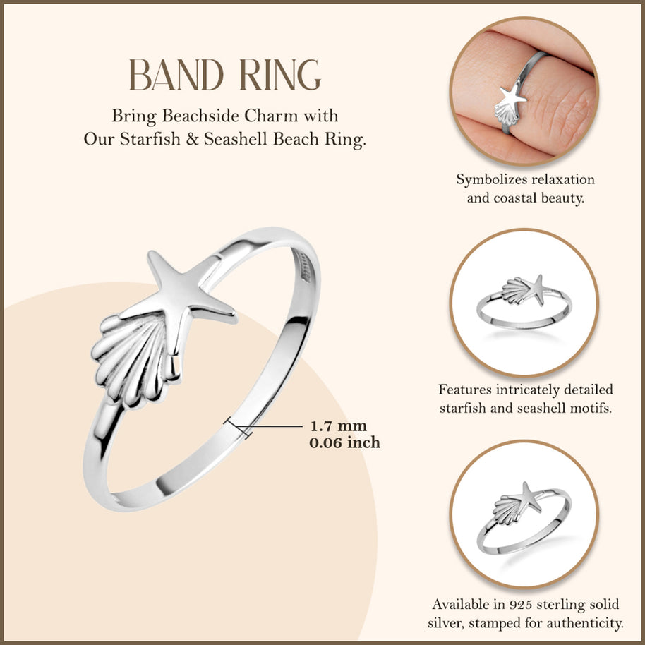 .925 Sterling Silver Starfish & Seashell Beach Ring