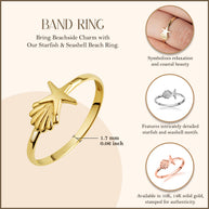 Gold Starfish & Seashell Beach Ring (Available in Yellow/Rose/White Gold)