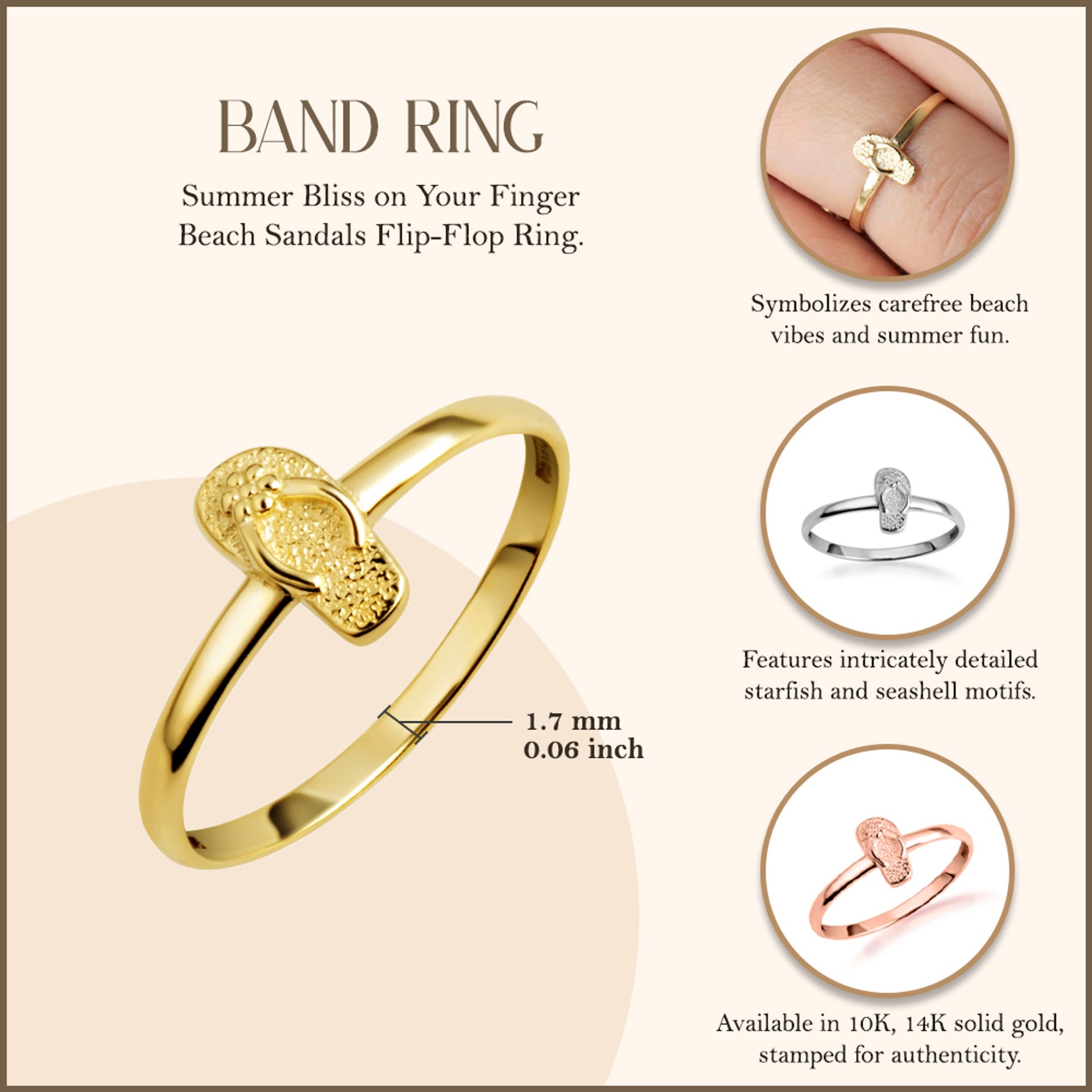 Gold Beach Sandals Flip-Flop Ring (Available in Yellow/Rose/White Gold)