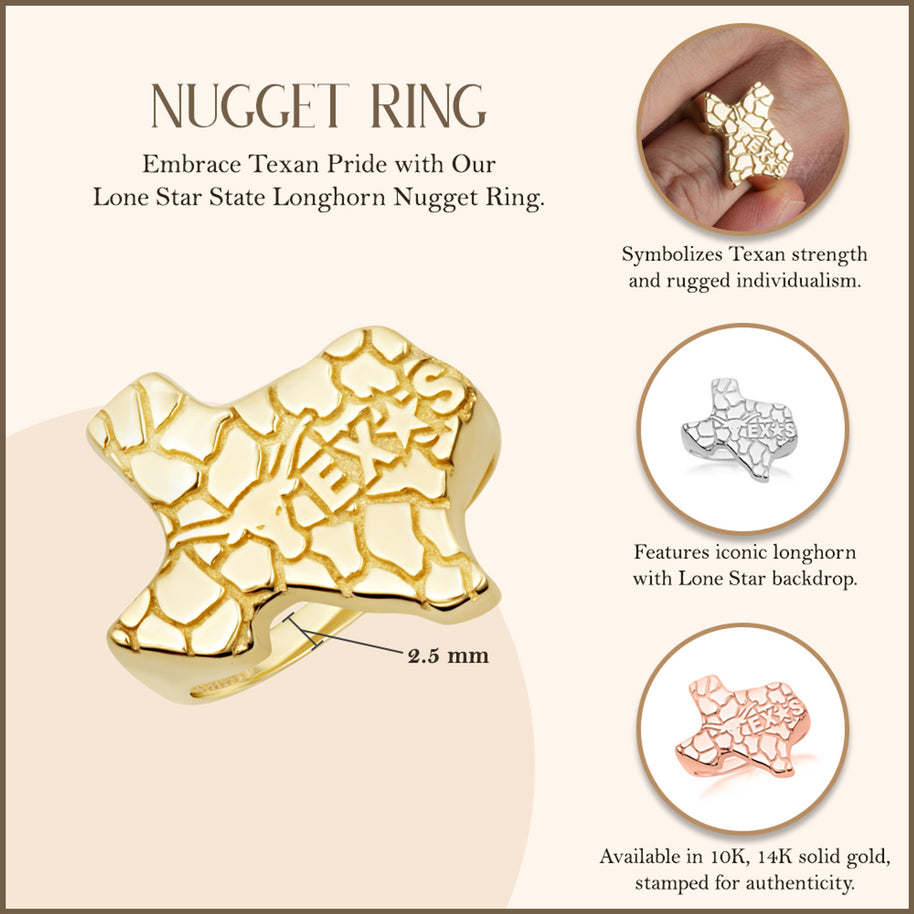 Gold Texas Lone Star State Longhorn Nugget Ring (Available in Yellow/Rose/White Gold)