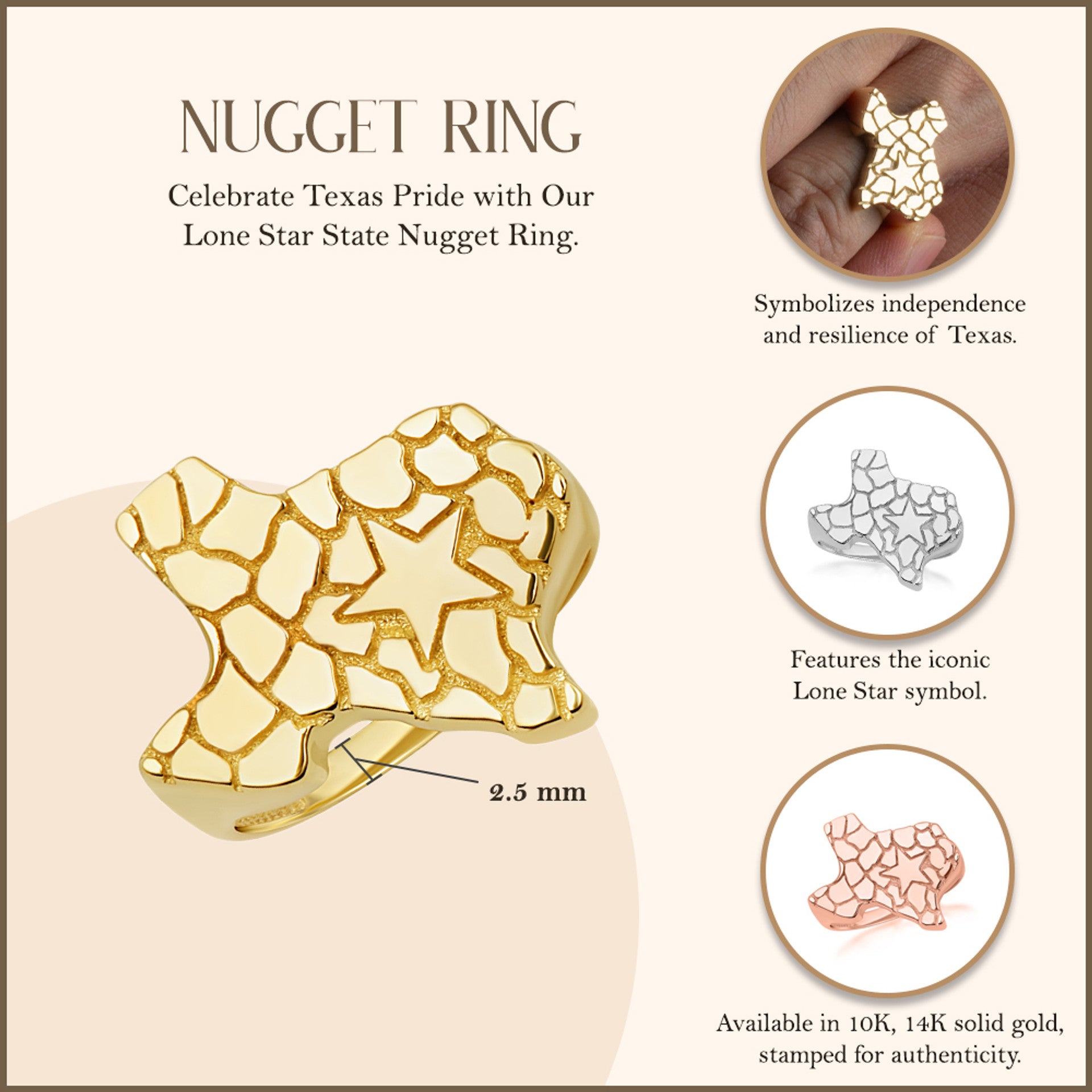 Gold Texas Lone Star State Nugget Ring (Available in Yellow/Rose/White Gold)