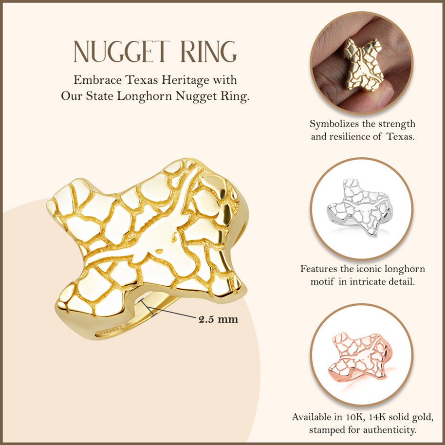 Gold Texas State Longhorn Nugget Ring (Available in Yellow/Rose/White Gold)