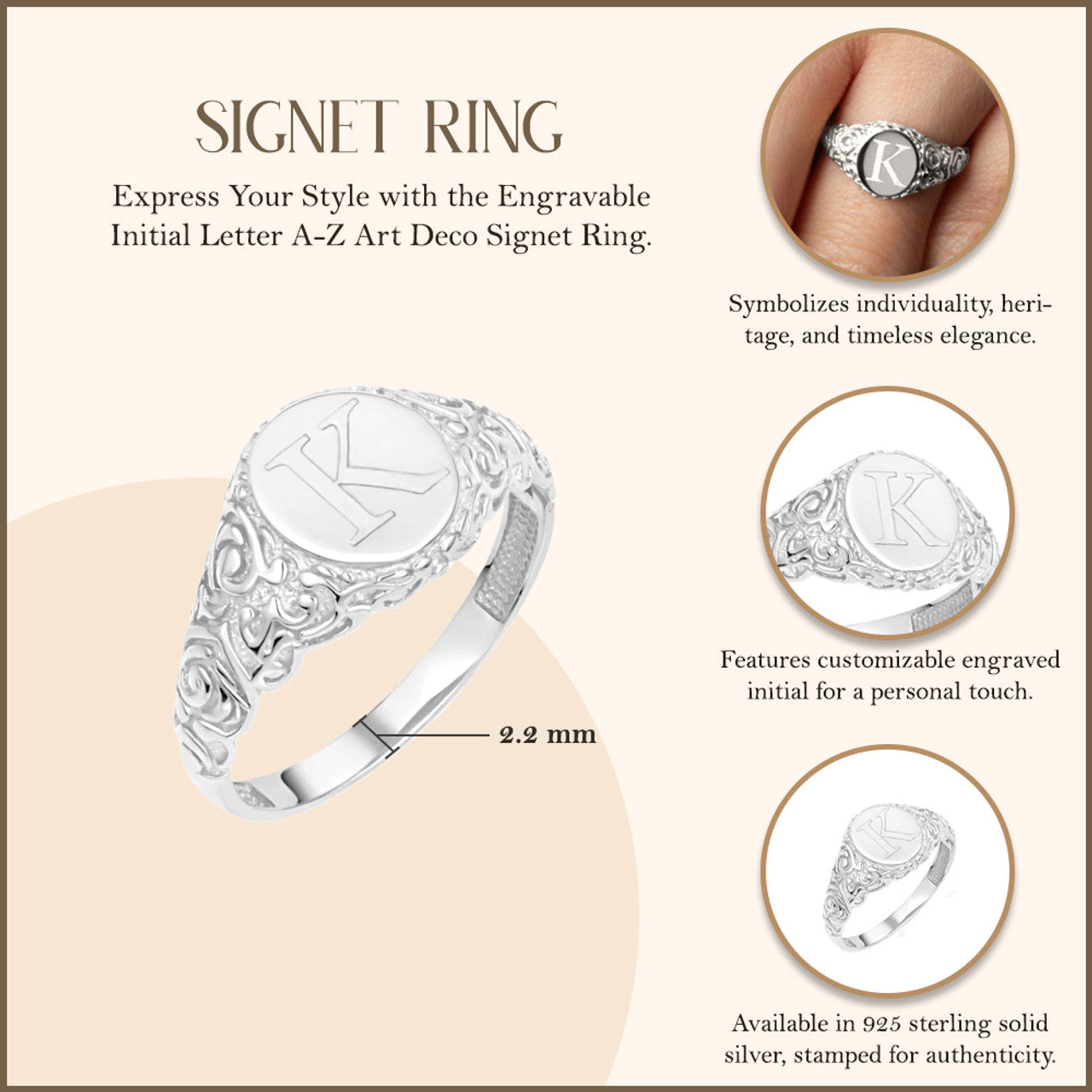 .925 Sterling Silver Engravable Initial Letter A-Z Art Deco Signet Ring