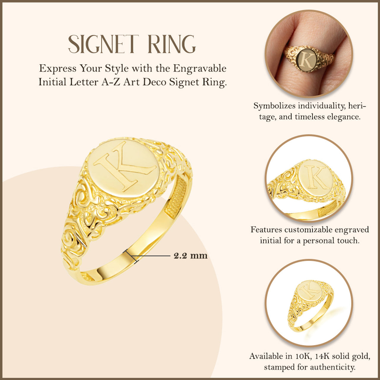 Yellow Gold Engravable Initial Letter A-Z Art Deco Signet Ring