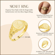 Yellow Gold Engravable Initial Letter A-Z Art Deco Signet Ring