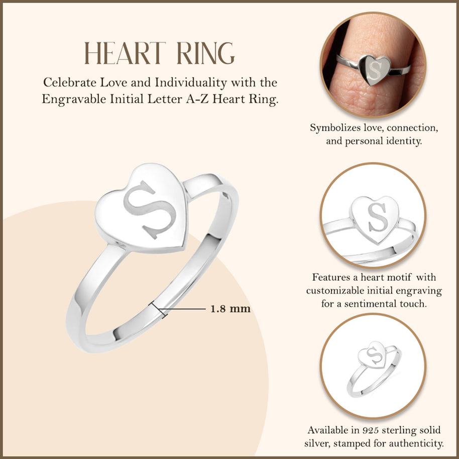 .925 Sterling Silver Engravable Initial Letter A-Z Heart Ring