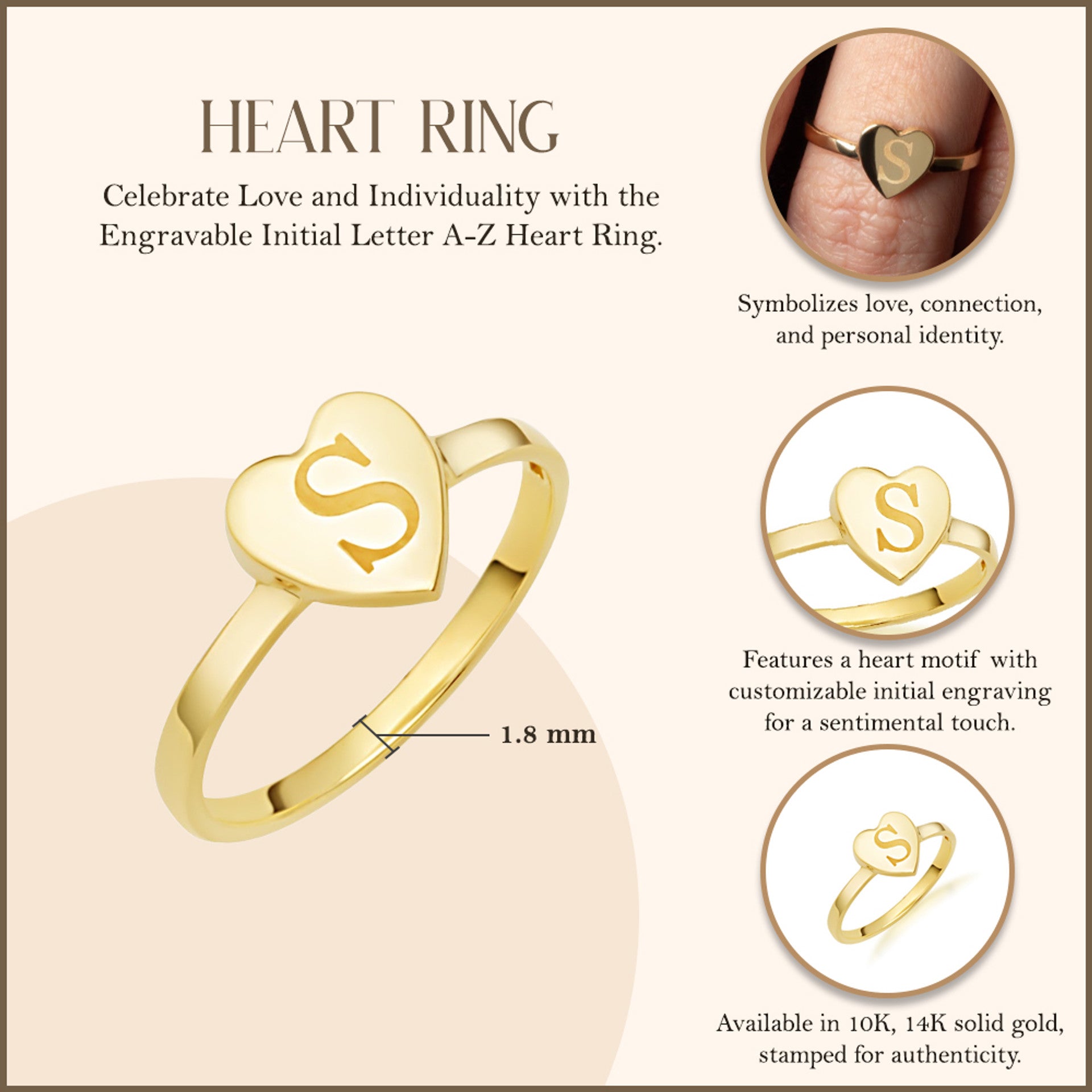 Yellow Gold Engravable Initial Letter A-Z Heart Ring