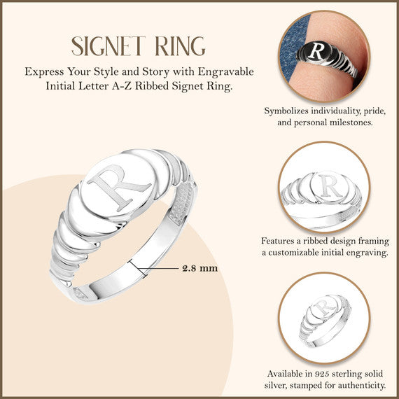 .925 Sterling Silver Engravable Initial Letter A-Z Ribbed Signet Ring