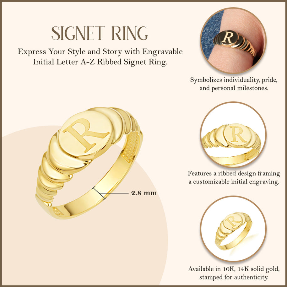 Yellow Gold Engravable Initial Letter A-Z Ribbed Signet Ring