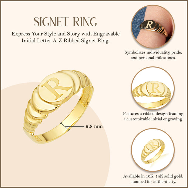 Yellow Gold Engravable Initial Letter A-Z Ribbed Signet Ring