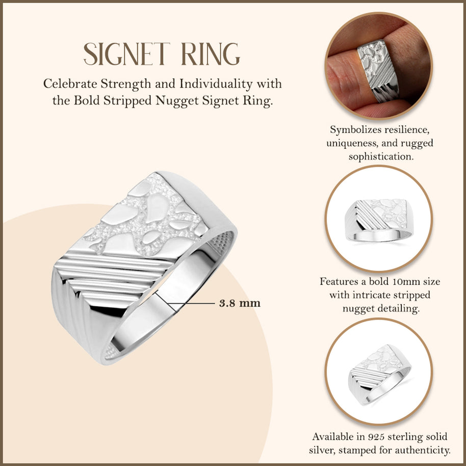 .925 Sterling Silver Striped Nugget Signet Ring