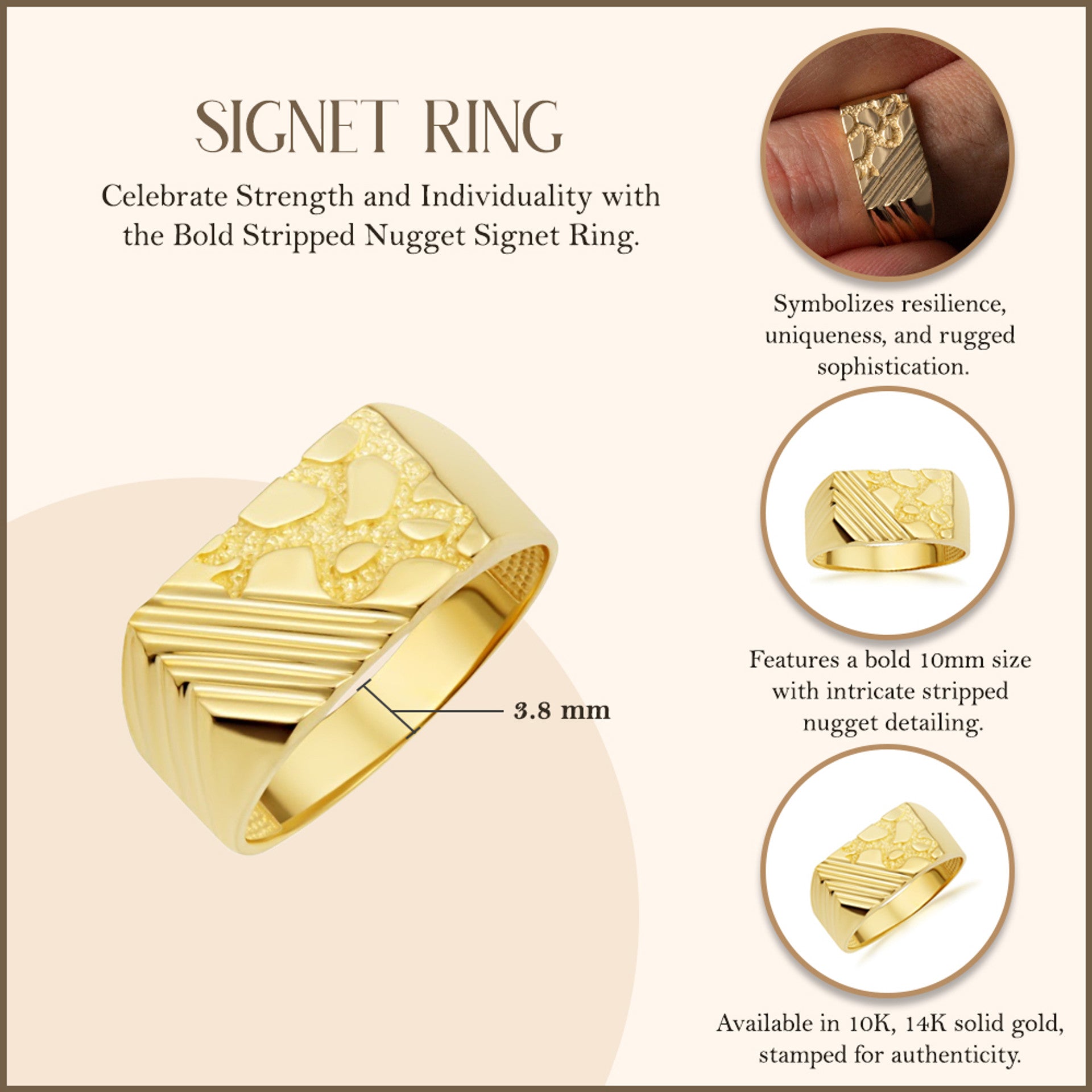 Gold Striped Nugget Signet Ring
