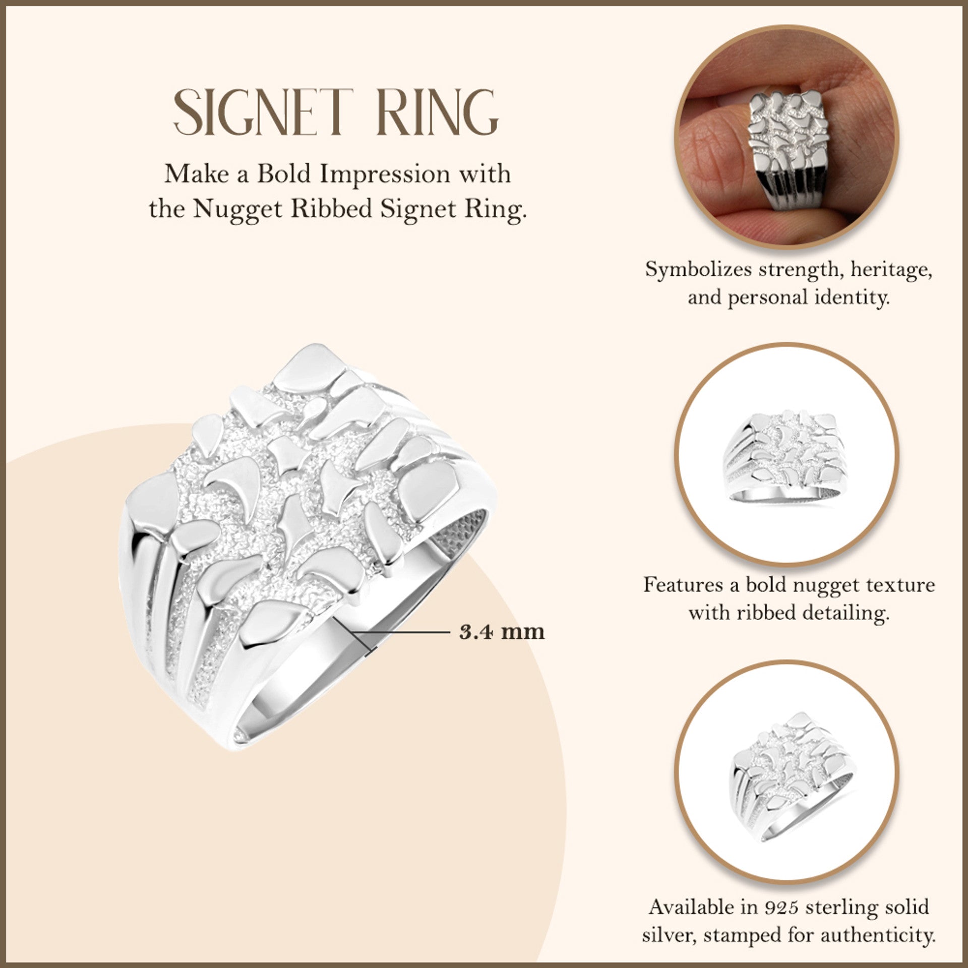 .925 Sterling Silver Striped Nugget Ring