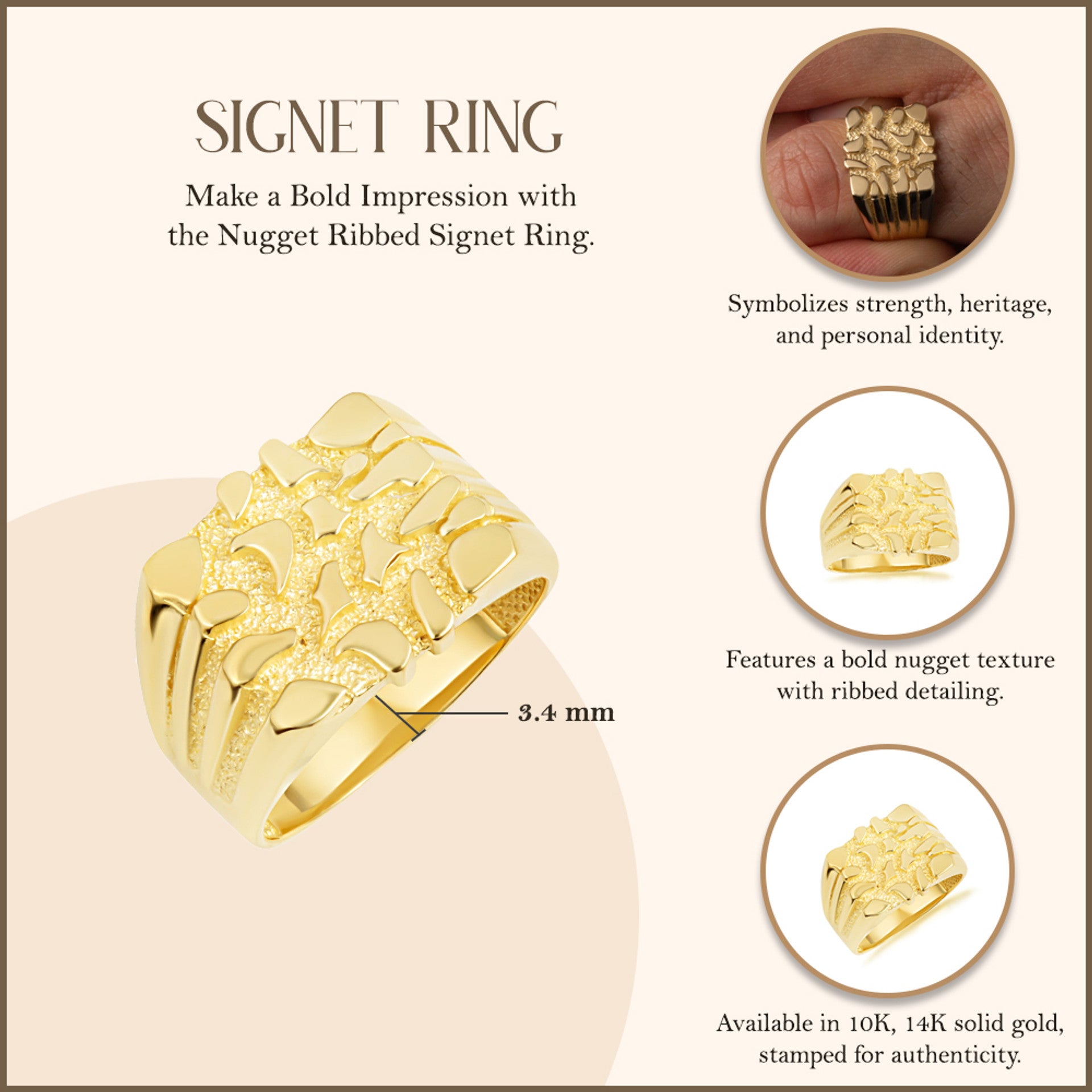 Gold Striped Nugget Ring (Available in Yellow/Rose/White Gold)