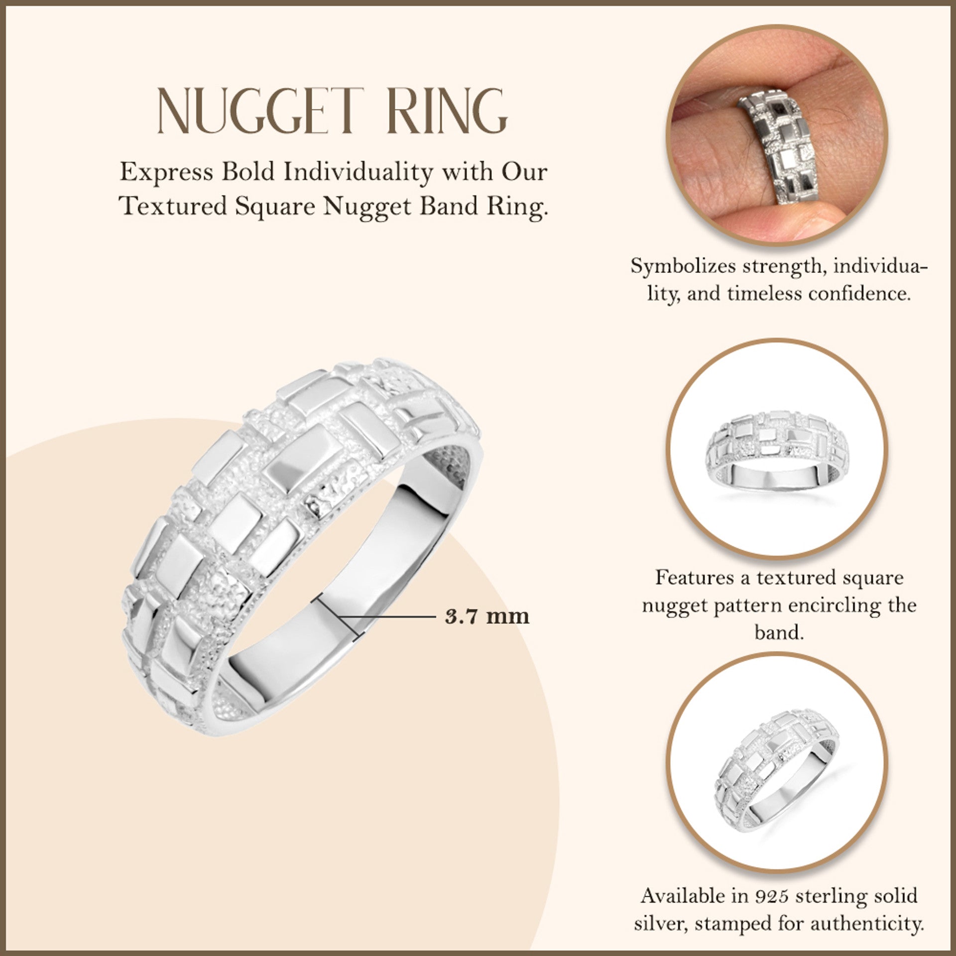 .925 Sterling Silver Textured Square Nugget Band Ring