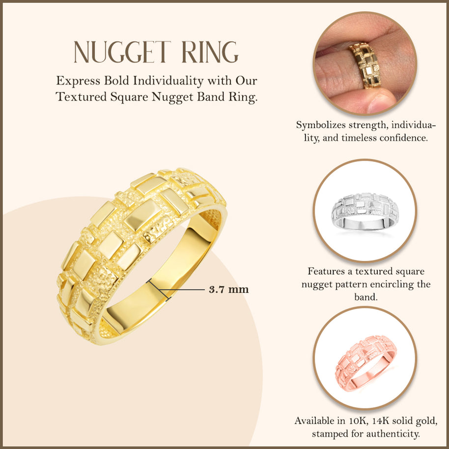 Gold Textured Square Nugget Band Ring (Available in Yellow/Rose/White Gold)