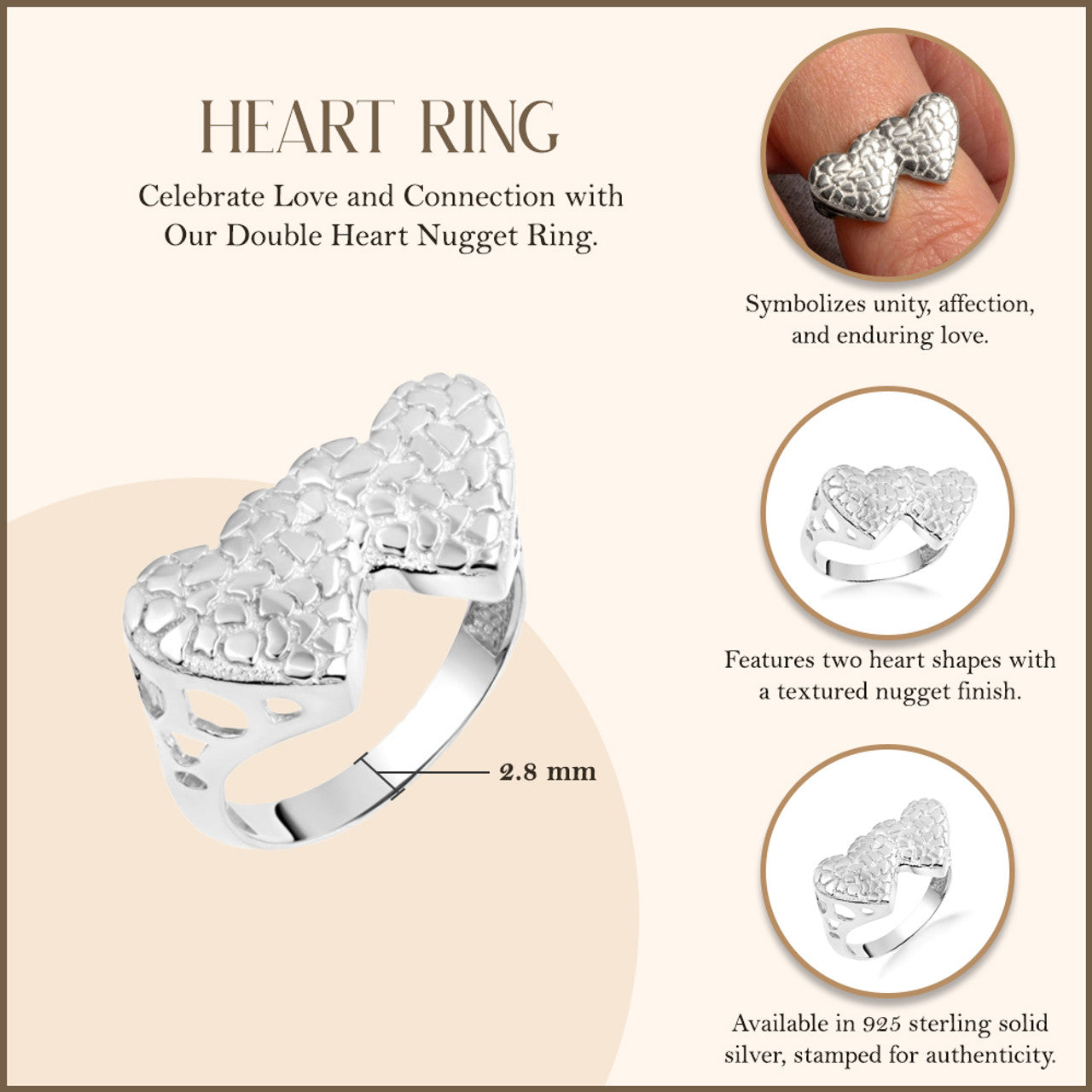 .925 Sterling Silver Double Heart Nugget Ring